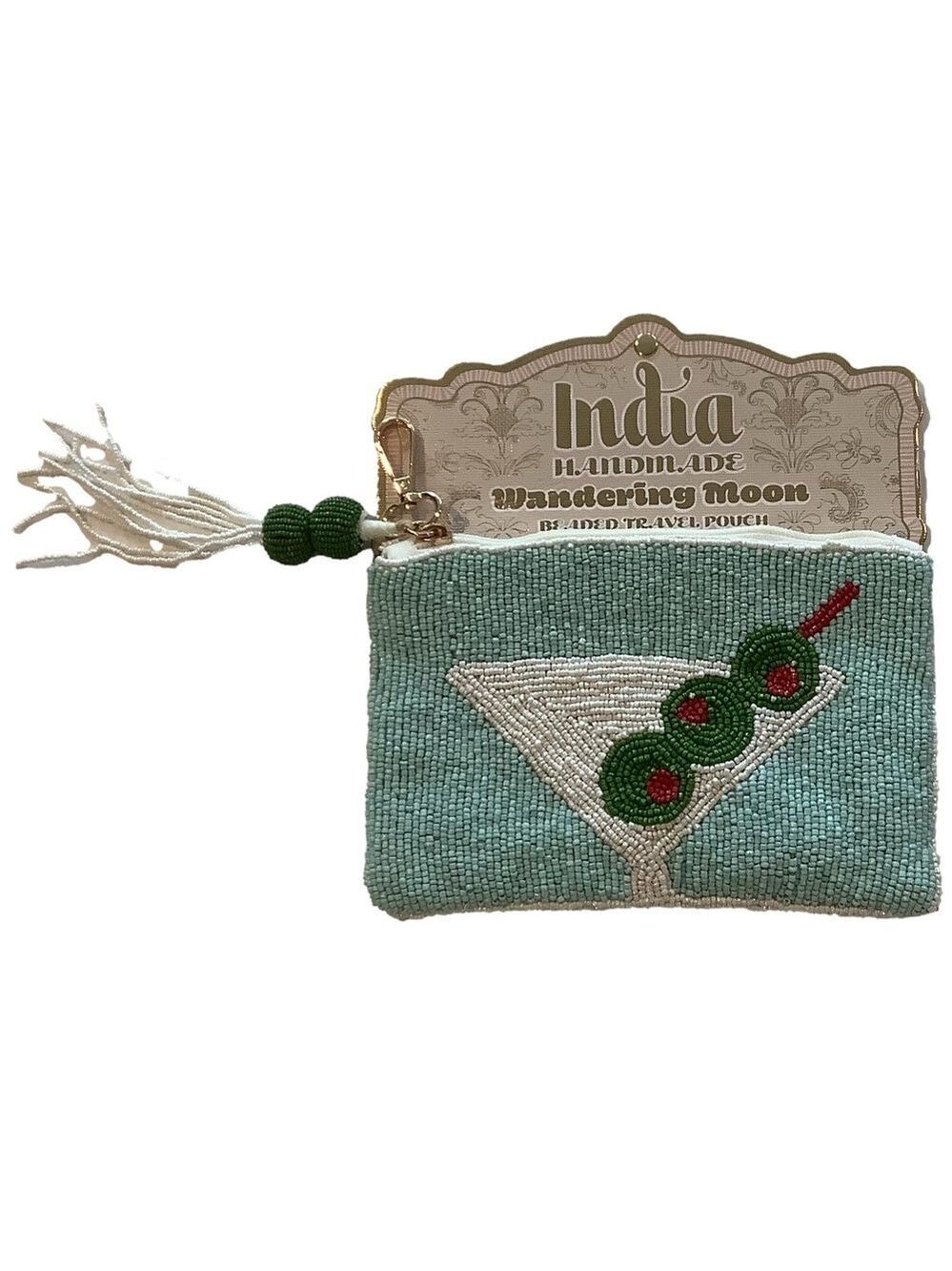Wandering Moon Martini Glass & Olives Beaded Travel Pouch Bag New